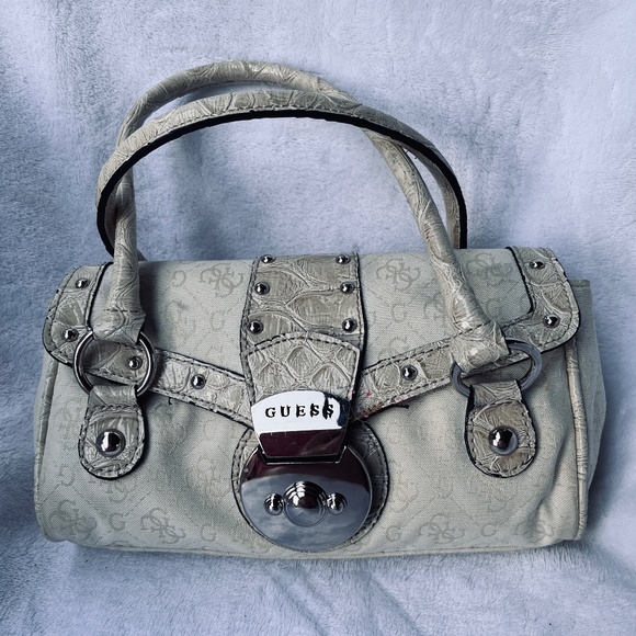 Guess Rare Vintage Hand Bag Small Purse Monogram Beige Y2K 90s Tapestry Metall - Picture 1 of 16